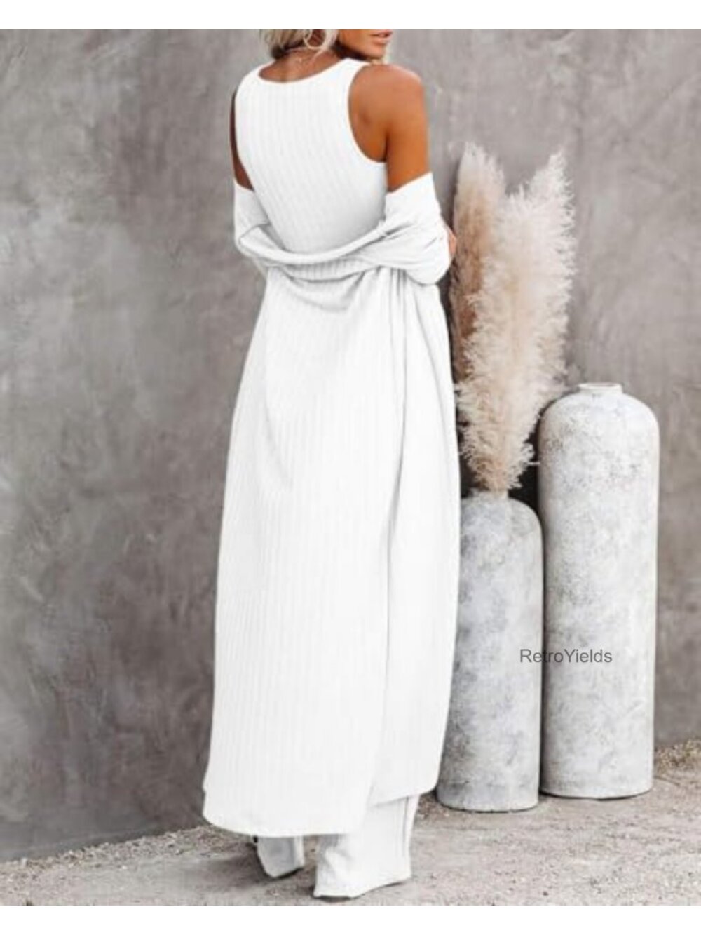 3 Piece Lounge Pajamas Set - Vest Top Wide Leg Pants Cardigan - Picture 3 of 6